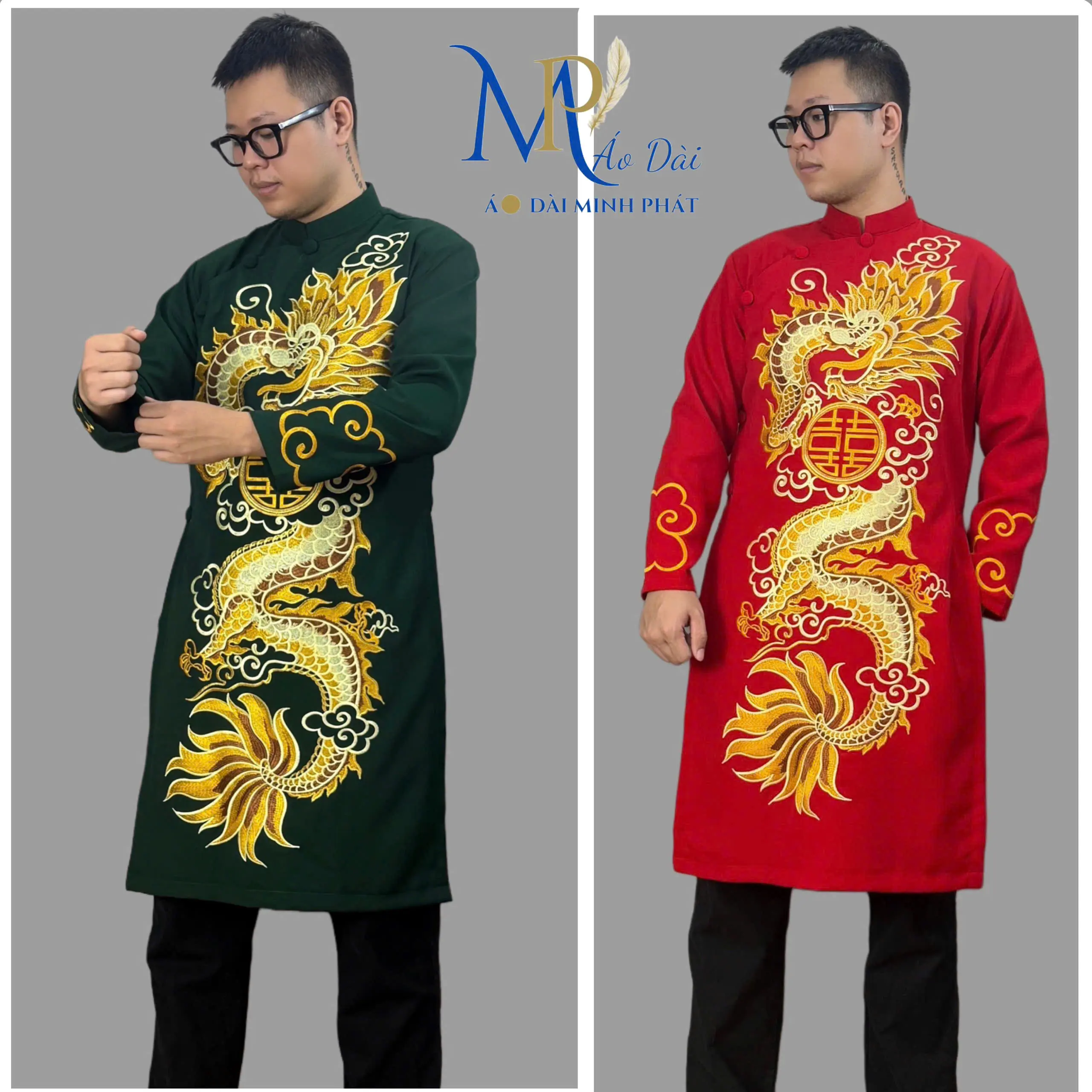 Áo Dài Cách Tân Nam Minh Phát - Vải Tuyết Mưa Co Giãn & Rồng Vàng Thêu Tỉ Mỉ