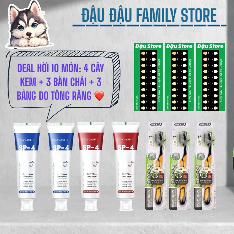 ( COMBO 10 MÓN TIẾT KIỆM) 4 KEM ĐÁNH RĂNG LÀM TRẮNG GIẢM HÔI MIỆNG, GIẢM Ê BUỐT, CHẢY MÁU CHÂN RĂNG TẶNG 3 BÀN CHAỈ, 3 BẢNG ĐO MÀU RĂNG