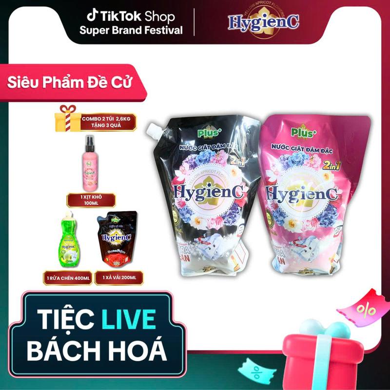 TẶNG 3 MÓN QUÀ Combo 2 Túi Nước giặt HygienC Plus 2,6kg Túi công nghệ Thái Lan thơm ngát làm sạch QÙA: 1 Túi xả 200ml + 1 Xịt khô Hồng 100ml + 1 Nước Rửa Chén 400ml