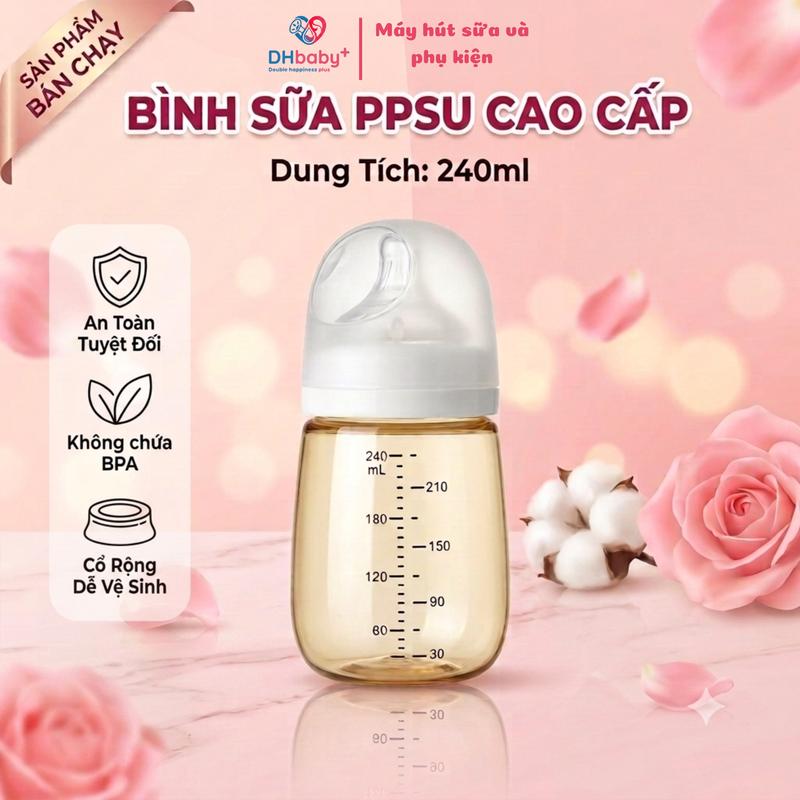 Bình sữa 240ml PPSU cao cấp an toàn không chứa BPA có cổ rộng dễ vệ sinh gồm các size ti S M L