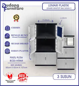 Lemari Pakaian Lemari Plastik 3 Susun dengan Kaca dan Kunci HK MINI TOP KACA FULL KUNCI 3 PUTIH ( MT3SSNKACAK-PUT )
