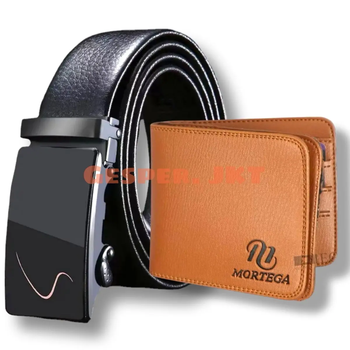 Gesper Ikat Pinggang Pria Hitam Free Dompet Mortega Kulit Sintetis + Hampers Giftbox Hadiah Sabuk