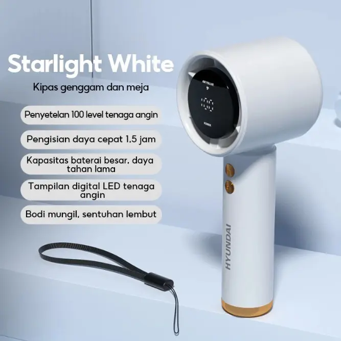 [Gratis Hadiah] Hyundai Kipas Angin Mini Portable 3000mAh 4 Speed Handheld Fan LED Display Kipas Genggam