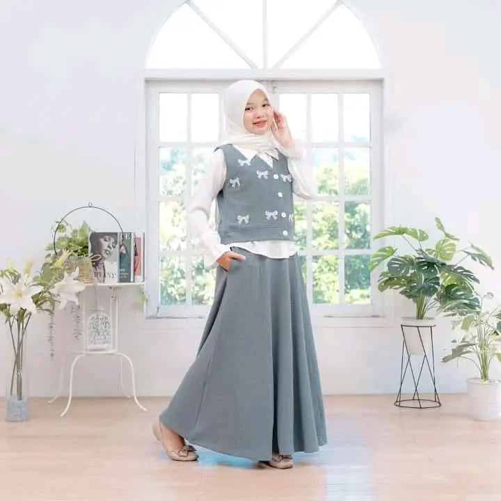 COD SETELAN ROK KNITT MIX POLO LINEN ANAK PEREMPUAN TANGGUNG SAKHIRA SET 3IN1 SIZE M-L  Fashion Wanita Muslim Atasan Pita Bordir 0