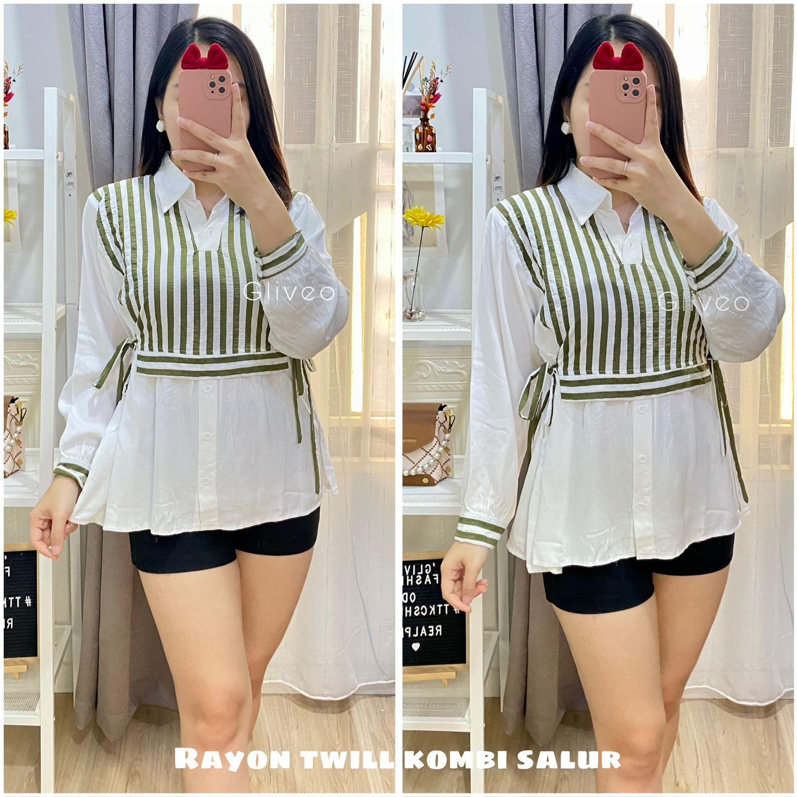 GLIVEO (COD) - KEMEJA KOMBI SALUR RAYON TWILL ADEM / KEMEJA SALUR WANITA LENGAN PANJANG/ ATASAN LENGAN PANJANG WANITA baju karya stripe