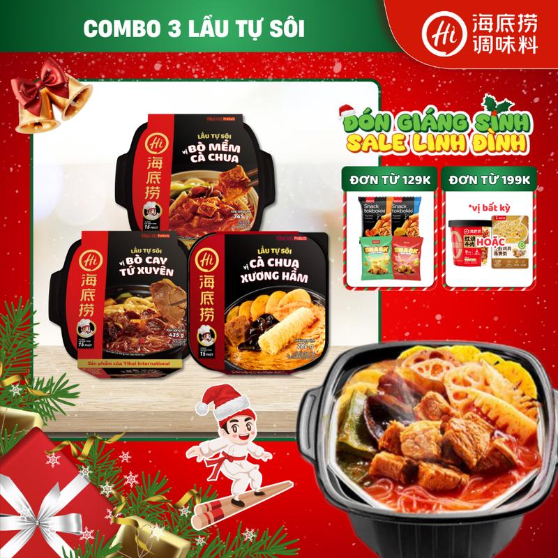   HAIDILAO  Combo 3 Lẩu tự sôi mix vị Bò cay Tứ Xuyên+ Bò mềm cà chua+ Cà chua xương hầm- Tiện lợi không cần bếp- Phù hợp mang cắm trại du lịch ăn khuya 