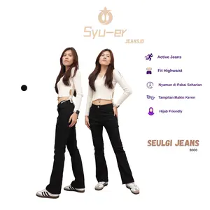 SYUER JEANS.ID Seulgi Jeans Celana Jeans Wanita High Waist Cutbray Flare Hitam Denim Premium Kancing Resleting Saku Depan Belakang Fit Nyaman Panjang Model 8000 Cewek Stretch Hijab Friendly