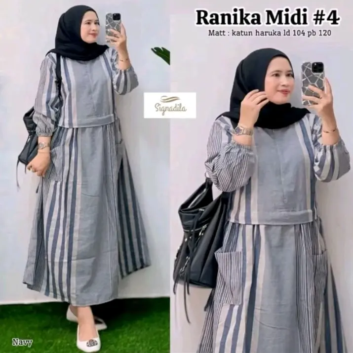 Dress Busui Ranika Midi #4 bahan Katun Haruka garis Lis Depan 1