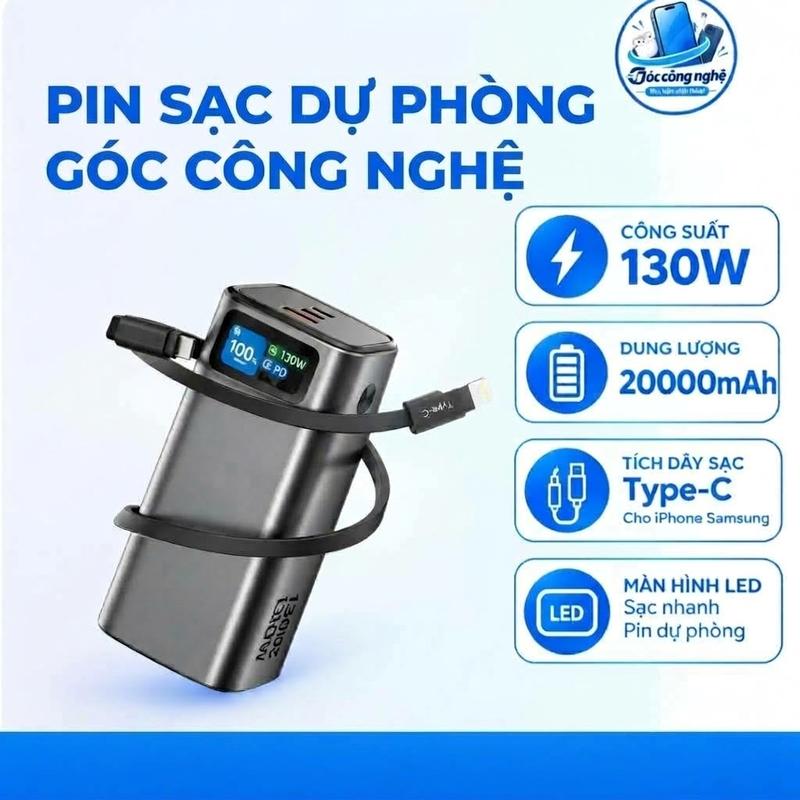 130W Sạc dự phòng Góc công nghệ 20000 mAh  V200 tích dây sạc Type-C cho iPhone Samsung với màn hình LED sạc nhanh pin dự