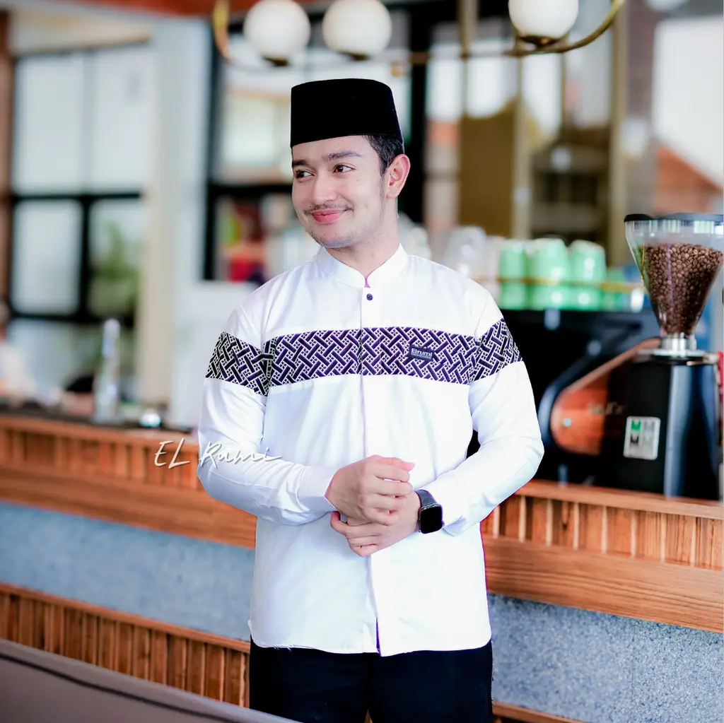 Baju Koko Kemeja Pria Lengan Panjang Elrumi Kombinasi Batik Motif Kinang Katun Muslim Dewasa Atasan Hitam