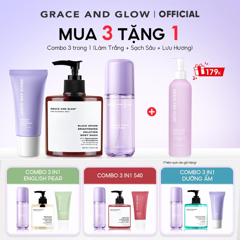  Combo 3 in 1 Grace and Glow Combo Sữa Tắm + Lăn Khử Mùi + Body Mist  Dưỡng Tóc Nước Hoa Black Opium English Pear 540 - Dưỡng Ẩm Da Sáng Bật Tông Mượt Tóc Không Xơ Cho Nữ 