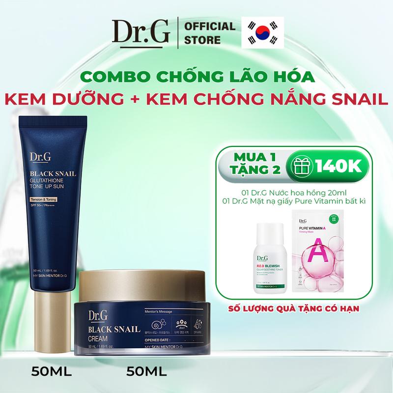 Combo Dr.G Kem dưỡng Black Snail Cream 50ml + Dr.G Kem chống nắng Black Snail Glutathione Tone Up Sun 50ml