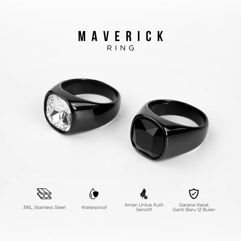 PROJECT NINETYSEVEN - MAVERICK Ring - Cincin Pria Wanita, Permata, Titanium, Mewah, Elegan, Cincin Anti Karat, Anti Luntur Aksesoris Black (BELI 3 GRATIS 1) 0