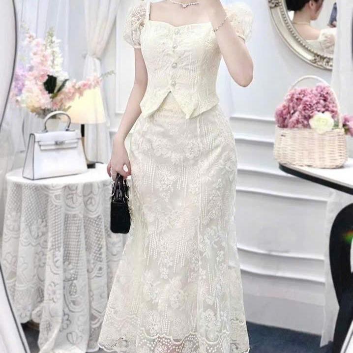 Set thời trang nữ dự tiệc sang trọng chất ren 2 lớp áo cổ vuông tay phồng ngắn cài nút chân váy dnags đuôi cá dài maxi siêu sang
