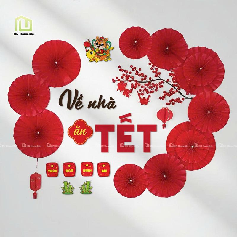  Set decor chữ Gỗ Về Nhà Ăn Tết 12 quạt và 1 Cành đào đông đồ trang trí Tết 2026 cao cấp 