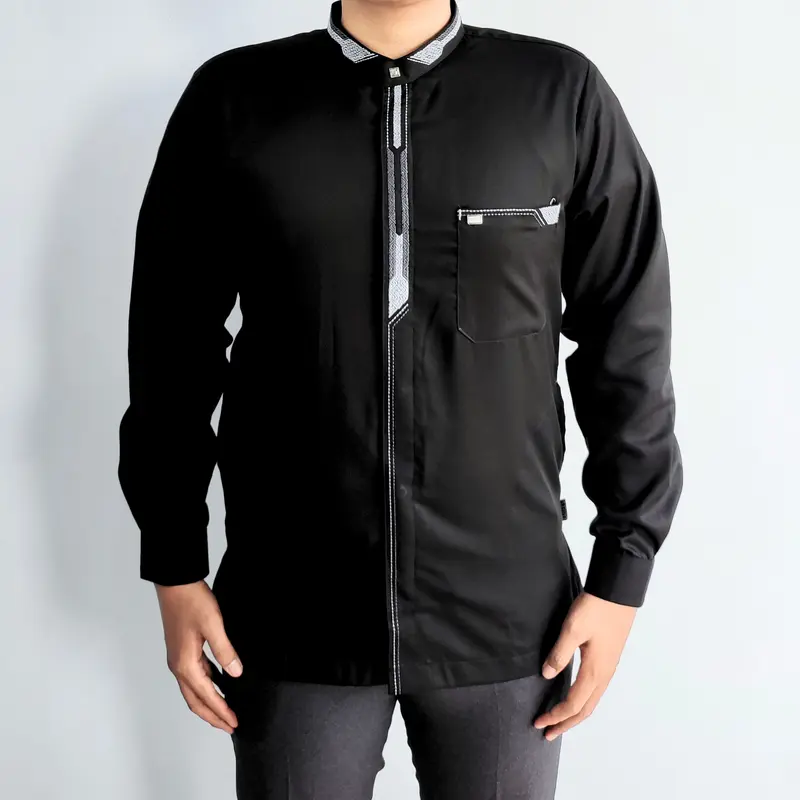 Baju Koko Pria Dewasa Lengan Panjang Manset Hitam Motif Bordir Minimalis M-L-XL-XXL 1