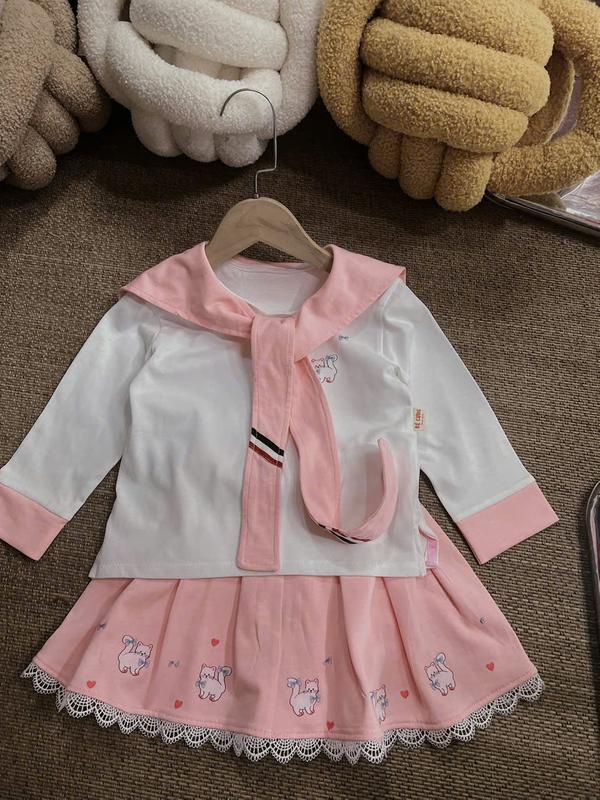  Set Áo Thun Trắng Tay Dài Cổ Cột Nơ Hồng Nhạt Kèm Chân Váy Thun Hồng Nhạt Viền Ren 39T Dành Cho Bé Gái 