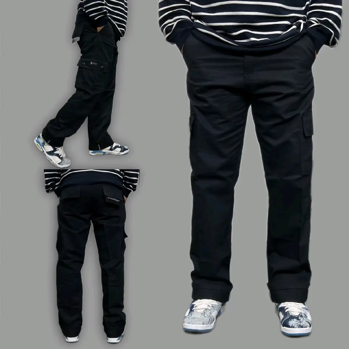 Celana Panjang Cargo Pria Warna Hitam Tidak Melar (Non Stretch)