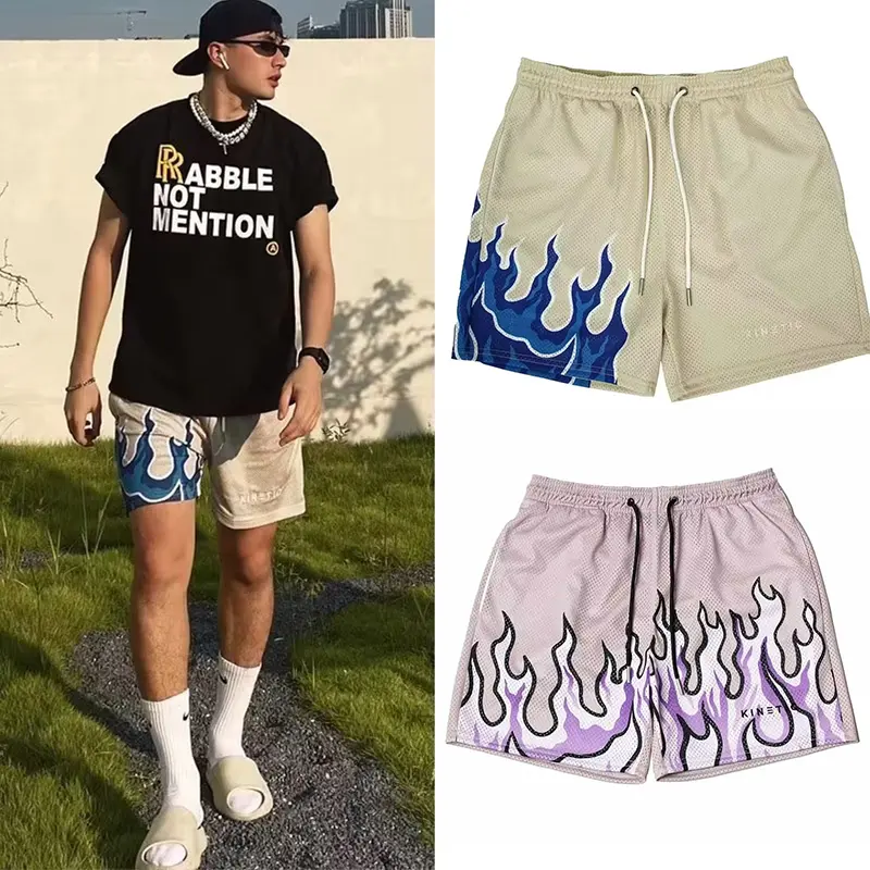 2024 New Fashion Street Style Flame Printed Basketball Mesh Shorts American Sports Drift Short Pants