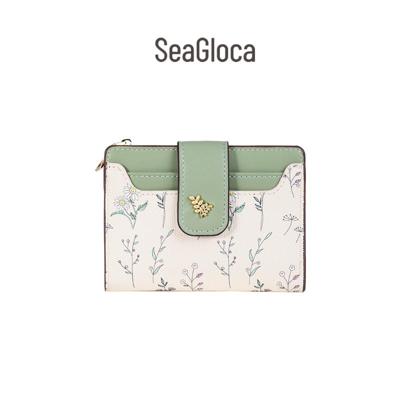 กระเป๋าสตางค์ใบสั้นสำหรับผู้หญิง SeaGloca แฟชั่นใหม่ Niche เรียบง่าย พิมพ์ลายดอกไม้ออกมา สด ปิดซิป สไตล์ Bifold No.1845 1