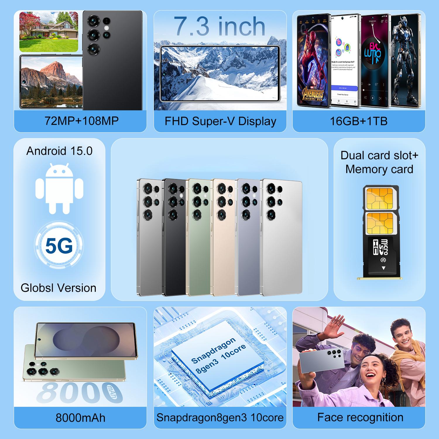 7.3Inci 16GB+1024GB Android 14.0 Dual SIM 4G/5G Handphone 8000mAh Baru - HD Kamera Smartphone