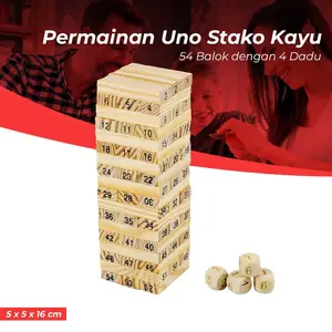 Uno Stacko Kayu Permainan Susun Balok Edukatif 54 Balok 4 Dadu untuk Anak dan Dewasa SNI ISO 8124-1:2010 Material Kayu Dimensi Total 7.5 x 7.5 x 27 cm