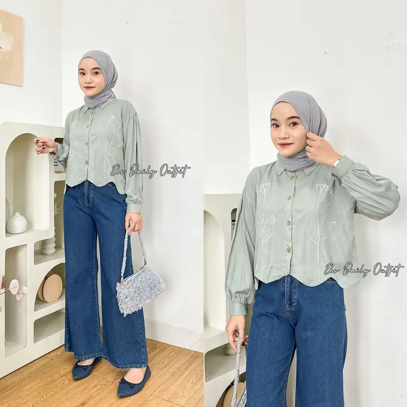 Camary Flower Shirt Kemeja Rayon Twill Bordir Bunga Atasan Wanita Crop Lengan Panjang OOTD Remaja Dewasa Kekinian 2