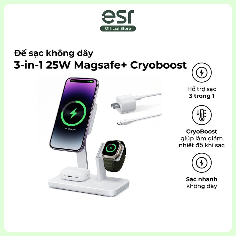 Bộ Sạc Không Dây ESR 3 Trong 1 25W Hỗ Trợ MagSafe + CryoBoost, Màu Trắng Bắc Cực Hỗ trợ MagSafe