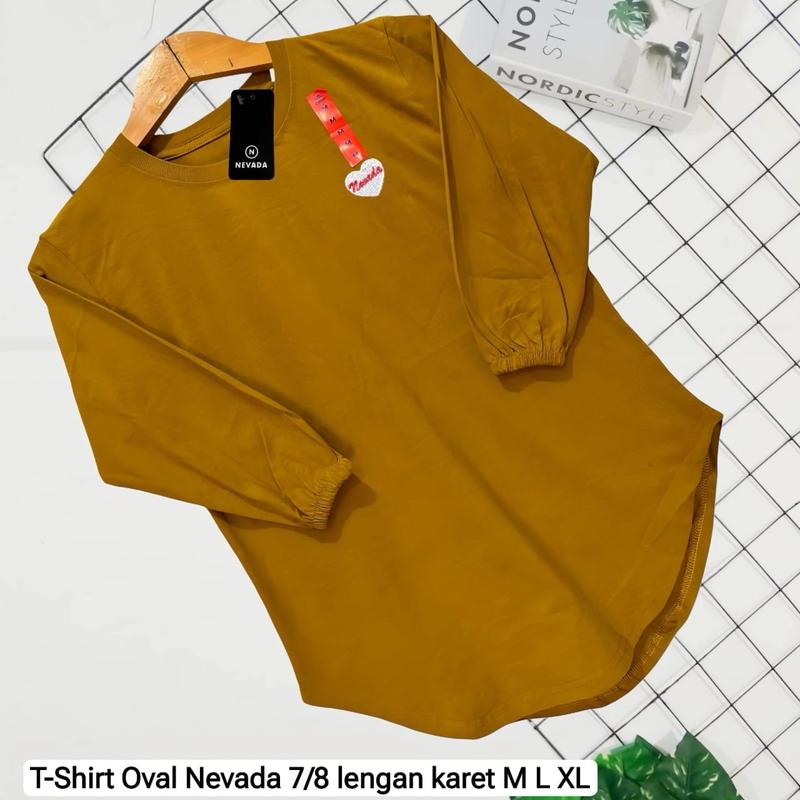 Kaos wanita Oversize oval Lengan Karet 7/8 katun Combed 7