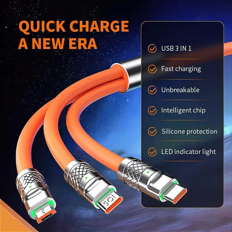 Kabel Data 3 in 1 Fast Charging HP Kabel Casan 3in1 Tipe C/MicroUSB/iOS Lightning dengan Adapter 120W 3