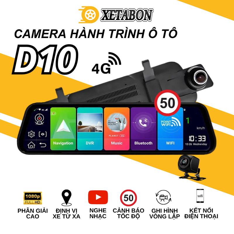 Camera Hành Trình Gương Ô Tô D10 giám sát định vị xe từ xa tích hợp bản đồ VIETMP S2 cảnh báo tốc độ 4G xem phim nghe nhạc.
