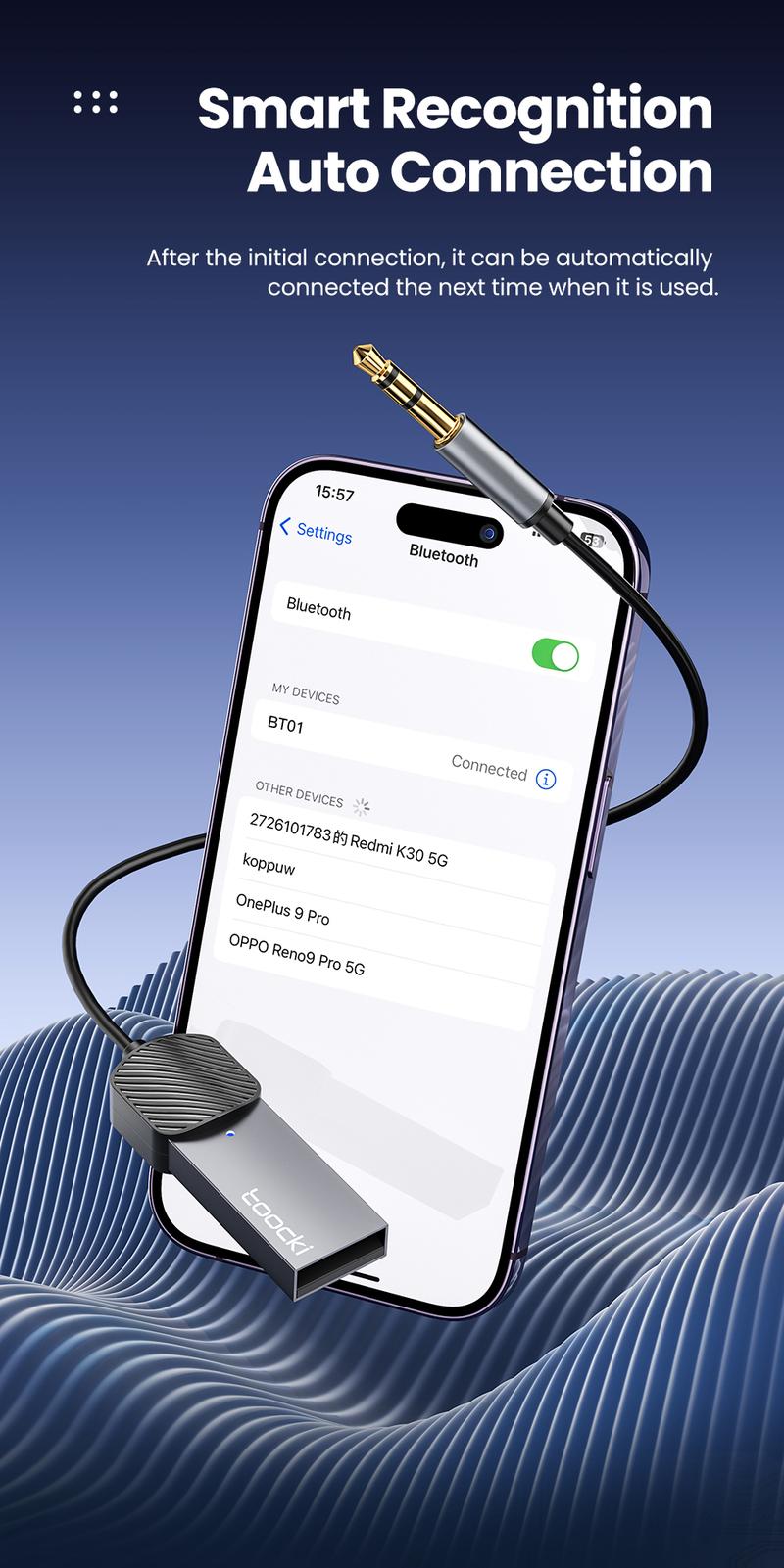 Product Introduction of Toocki Bluetooth Receiver 5.4 For Car Wireless Receiver USB to 3.5mm Jack Aux Audio Wireless Adapter Car Kit Speaker Transmitter 50