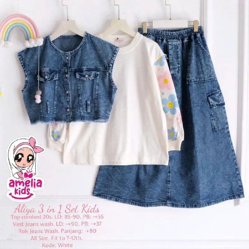 Aliya 3 in 1 Kids Baju Anak Amelia Kids Baju Anak Usia 7-12 Tahun Setelan Rok Jeans Anak Model Terbaru BAJU ANAK VIRAL BAJU ANAK KEKINIAN AMELIA KIDS 3