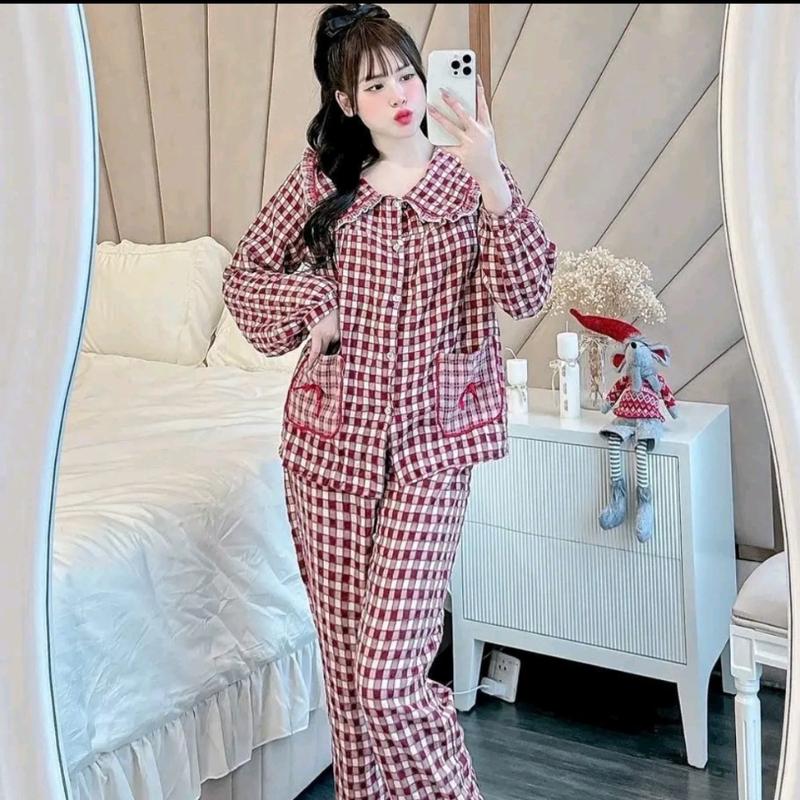  Bộ Pijama Kẻ caro Bèo Tiểu Thư Tay dài Thu Đông Vải Đũi Nhung mềm mịn 