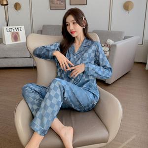 Set 2 dalam 1 Piyama Lengan Panjang Satin, Pakaian 360, Untuk Wanita, Piyama Sutera, Piyama Lengan Panjang, Pakaian Tidur Wanita Murah, Pakaian Tidur Musim Sejuk, Rekaan Kotak dan Garisan Pinggang, Seluar Sleeve Sleepwear Pajamas