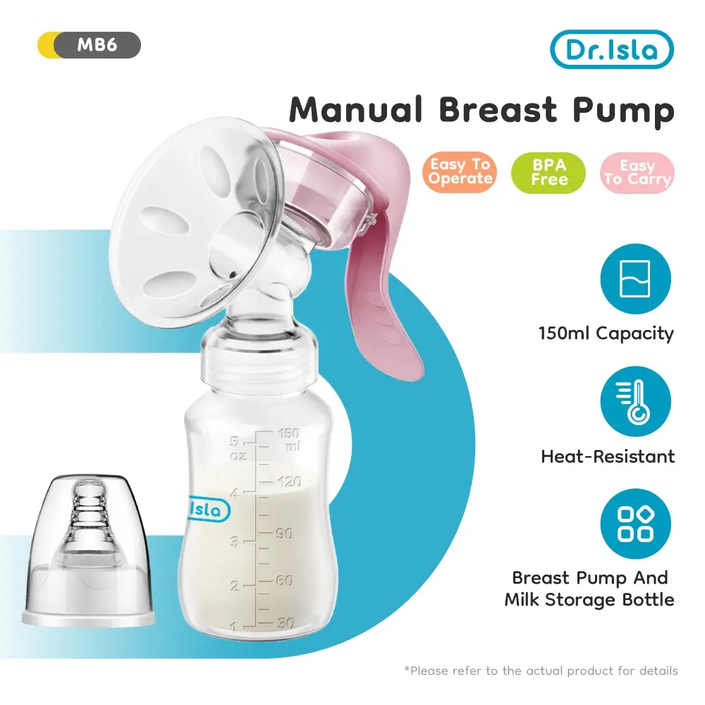 Dr. Isla MB6 Manual Breast Pump Strong Baby Silicone Nipple Suction 150ml Bottle