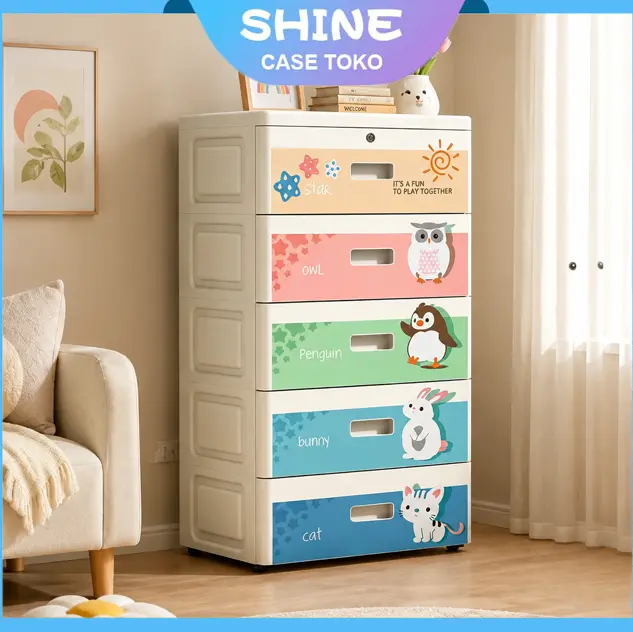 SHINE Lemari Plastik Serbaguna 2-5 Susun Laci Penyimpanan Besar Lemari Baju Minimalis Kabinet Storage Organizer Anti Air Kokoh Awet Untuk Kamar Tidur Ruang Tamu Estetik Dengan Kunci