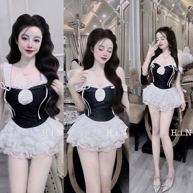 SALE- Set Áo Cúp Tay Con Trễ Vai Dính Hoa Kèm Chân váy Ren Tầng Ngắn Nữ Xinh
