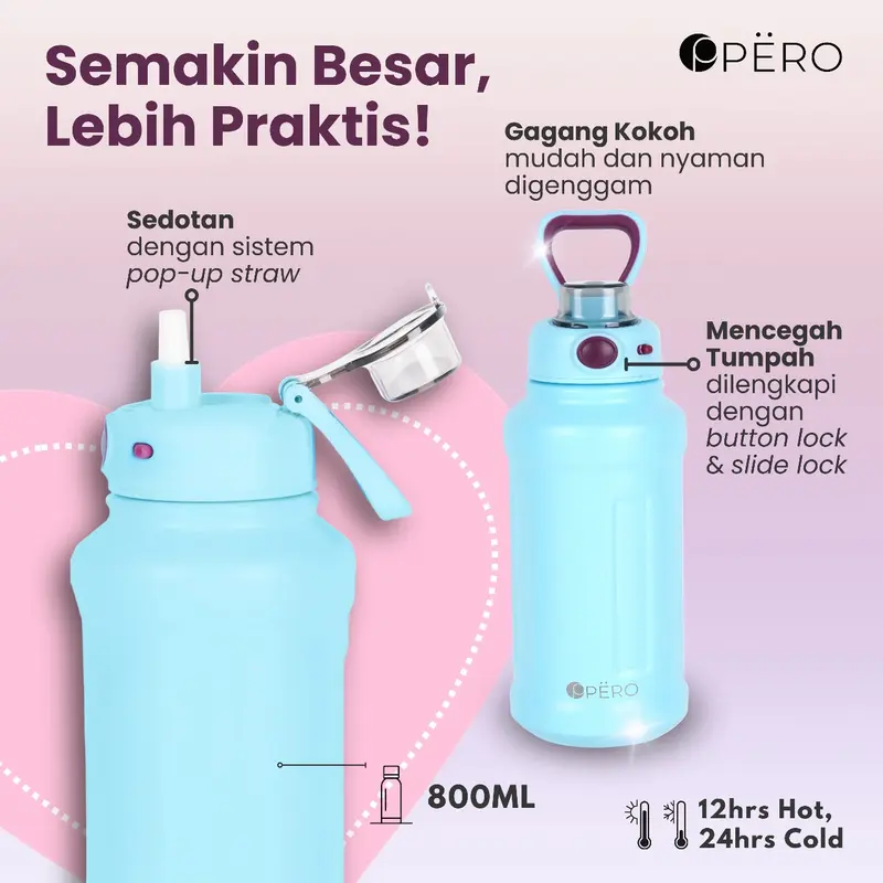 [Exclusive Willie Salim] Pero Permos Moon Locking Bottle 800ML Leakproof / Botol Minum Tumbler Vakum dengan Sedotan Tahan Panas dan Dingin Anti Tumpah 3