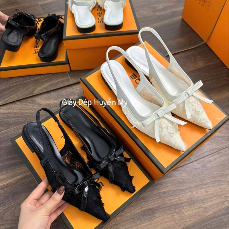 Giày sục bệt nữ mũi nhọn ren hoa đính nơ full hộp TA54