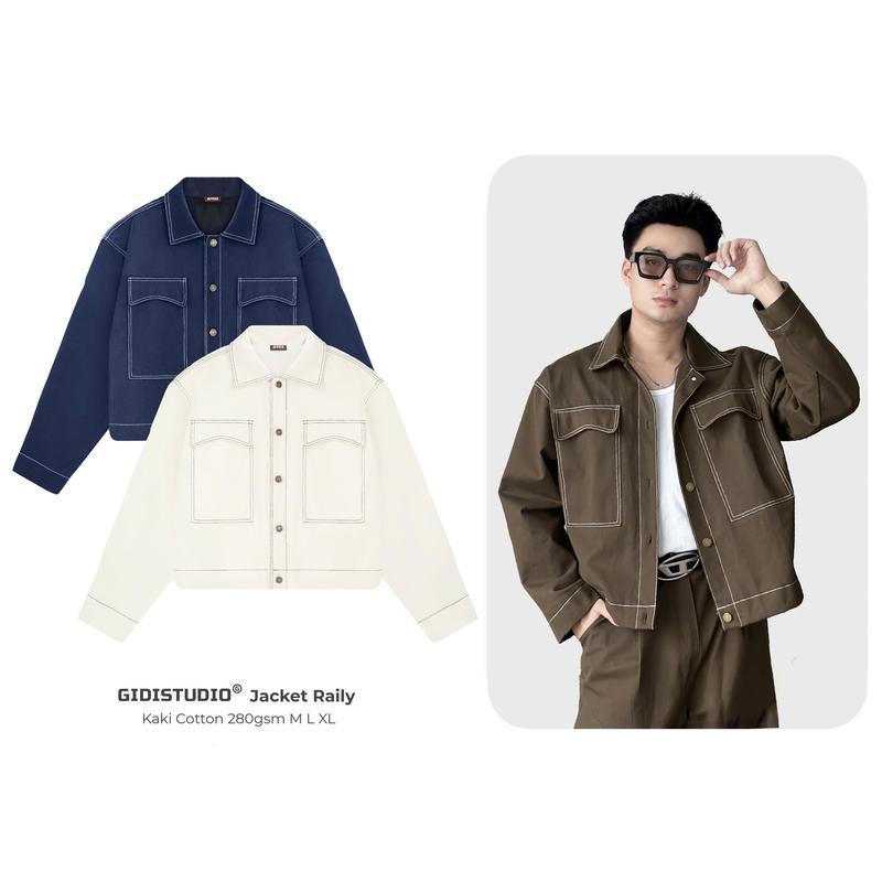 [GIDISTUDIO]_Áo khoác kaki RAILY chạy viền chỉ 2 lớp cao cấp Nam Nữ Unisex - Áo Jacket DÁNG LỬNG chất kaki mịn, đứng form GIDI