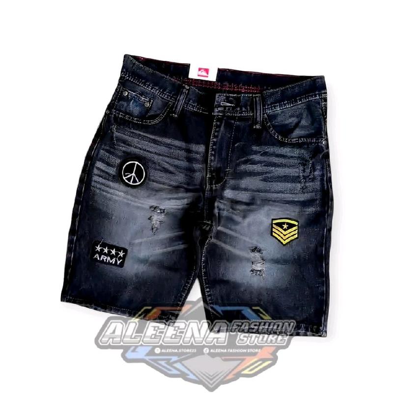 Celana Pendek Jeans Pria Model Sobek Emblem Bordil Size 27-38 Distro Skinny Denim Hitam Cowok Dewasa Biru 4