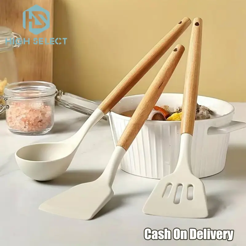 HIGH SELECT Set Peralatan Dapur Silikon Putih Alat Masak Peralatan Dapur Anti Lengket Kayu Kitchenware spatula 0
