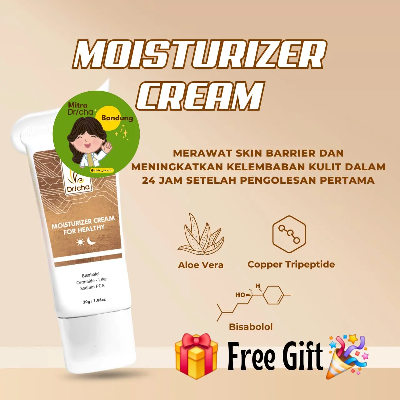 Dricha Moisturizer Cream for Healty 30gr Hydrating Pelembab Wajah, Perawatan skin barrier, mengandung amino ceramide, copper tripeptide, Hyaluronic