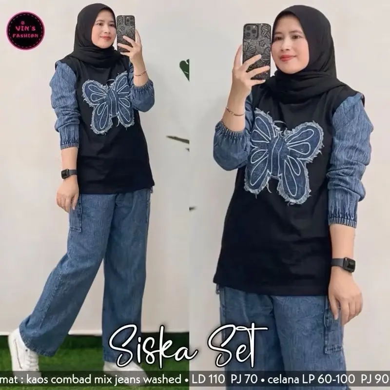 SETELAN BAJU KAOS WANITA ATASAN COMBED KOMBINASI JEANS MOTIF  89, Celana kulot Panjang cargo Dewasa