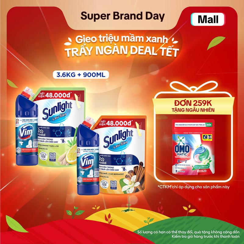  COMBO SẠCH KHUẨN THƠM NHÀ | Nước lau sàn Sunlight BIOSHIELD Túi 3.4 KG | Nước tẩy bồn cầu Vim Diệt Khuẩn Chai 880ml  1  