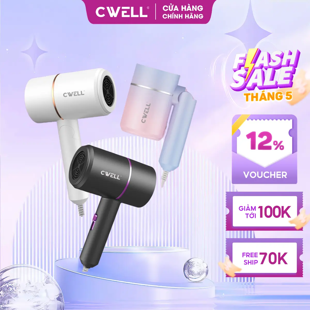 Máy sấy tóc mini gập gọn 1200W CWELL với công nghệ ánh sáng xanh hạn chế hư tóc, sấy 2 chiều nóng và lạnh, trọng lượng siêu nhẹ cho nam và  Nữ C01HD Women - BH 12 THÁNG