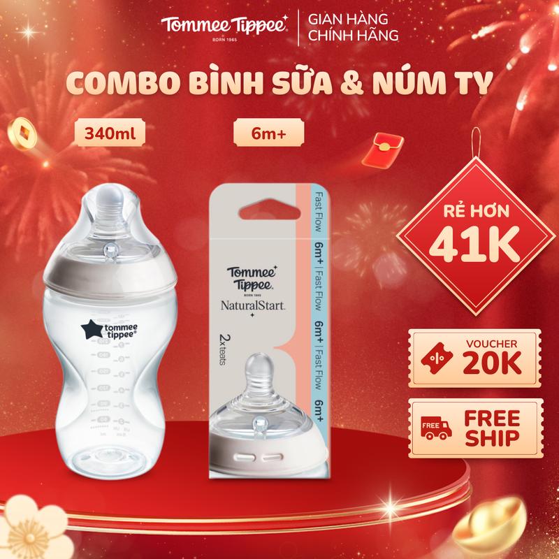  COMBO Bình Sữa Ty Mềm Tommee Tippee 340ml Và Núm Ty Silicon Thay Thế 6+ Tháng 