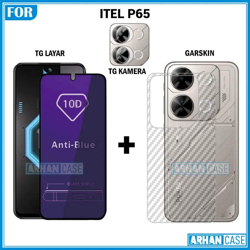 Paket Triple 3in1 Tempered Glass untuk Itel P65 P55 4G P55 5G Garskin 3D Plus Pelindung Lensa Camera 3