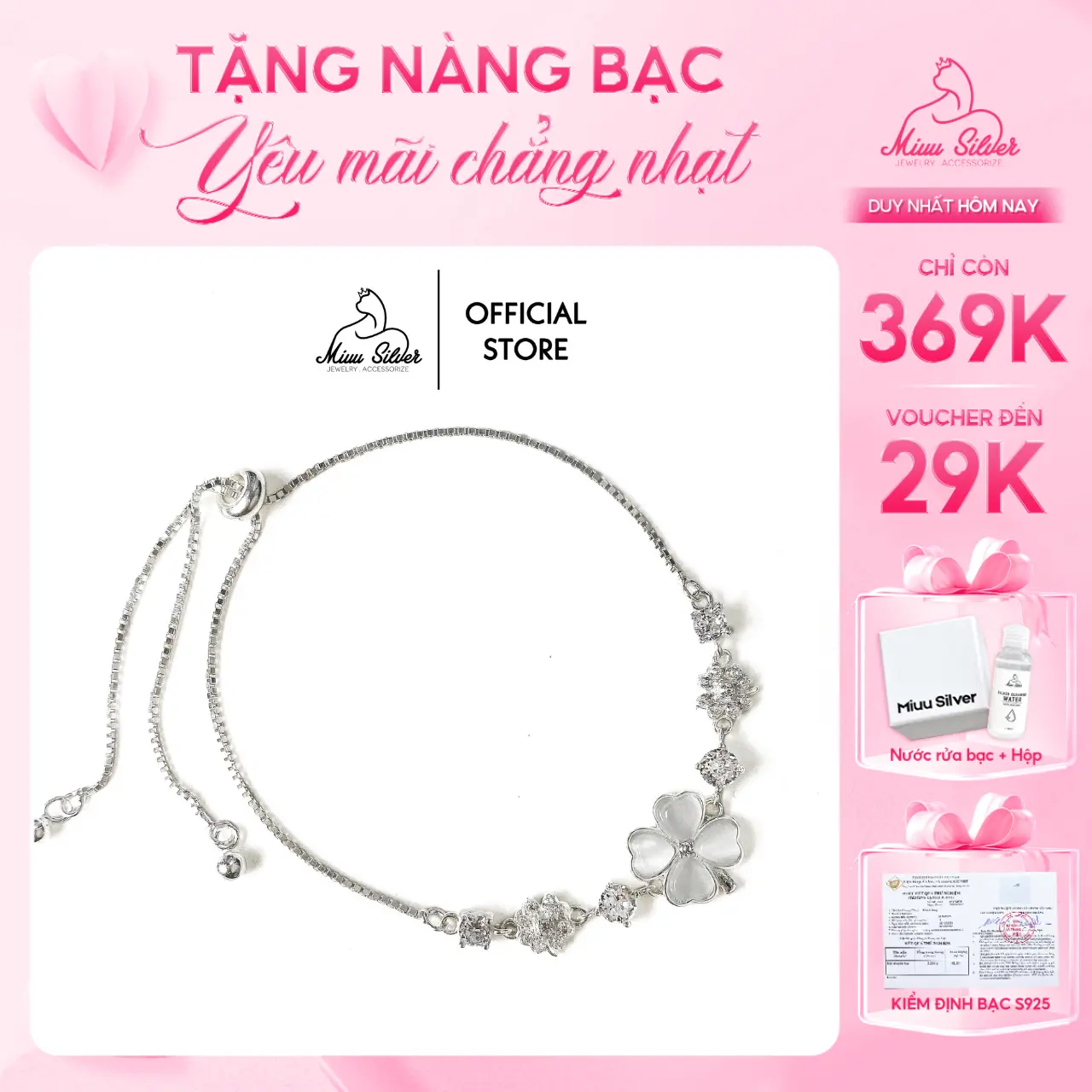 [Tặng 1 nước rửa bạc] Vòng tay bạc Miuu Silver, lắc tay dây rút điều chỉnh size cỏ 4 lá Miracle Clover